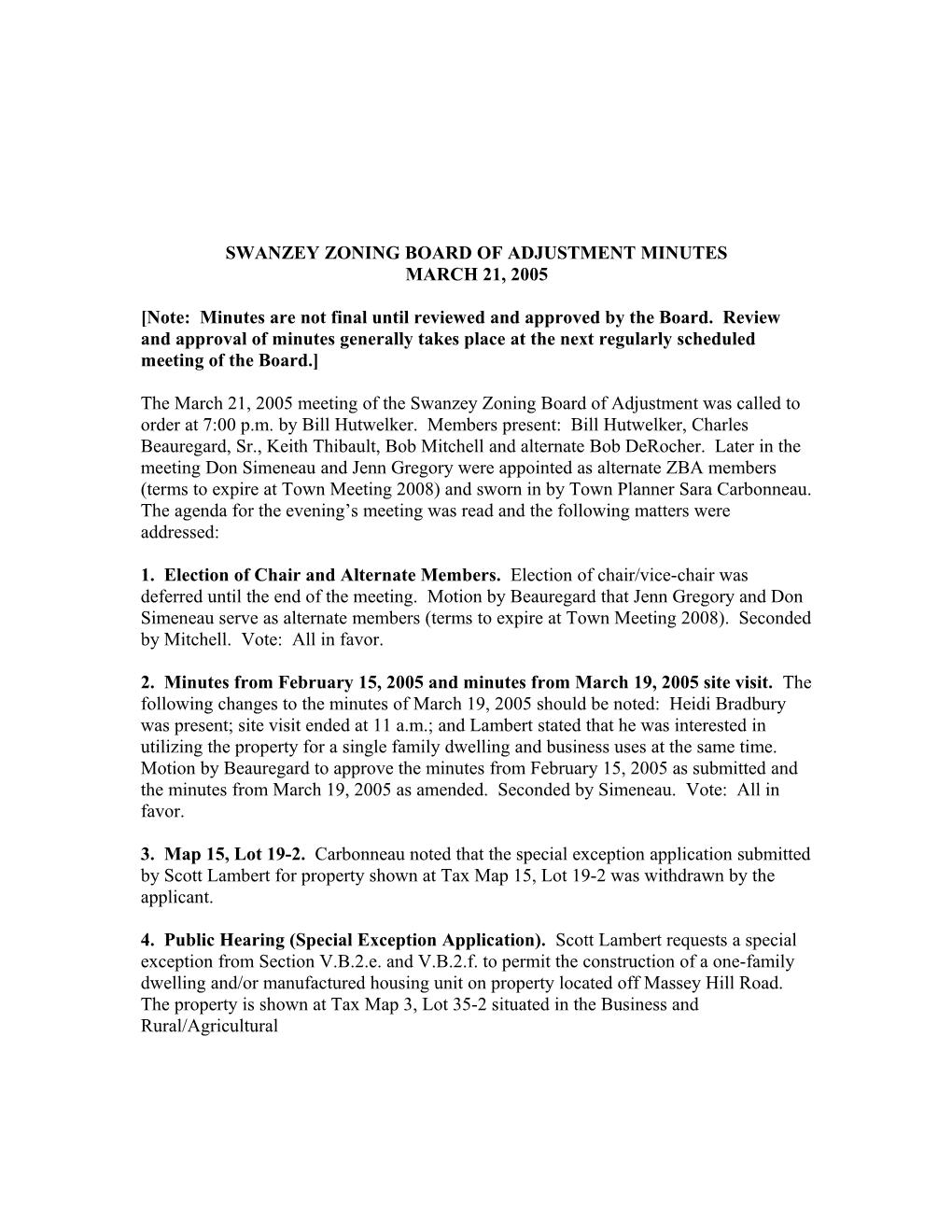 Swanzey Zoning Board of Adjustment Minutes