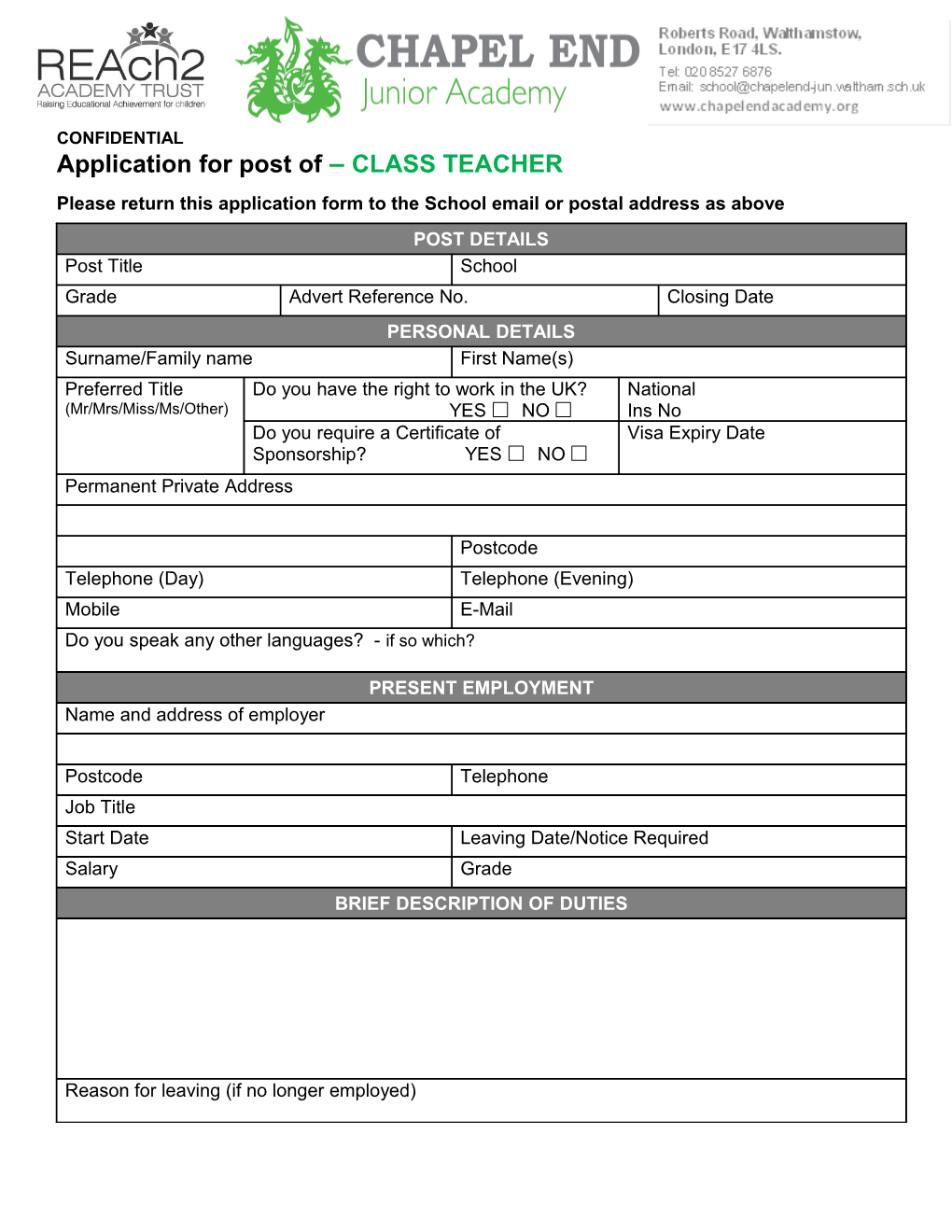 Application for Post of CLASS TEACHER