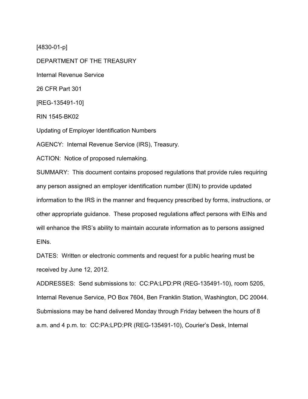 Updating of Employer Identification Numbers