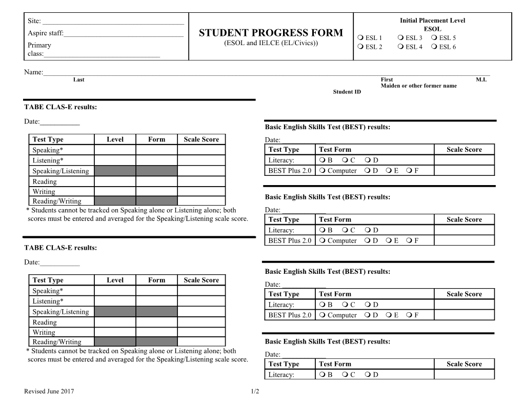 Student Progress Form