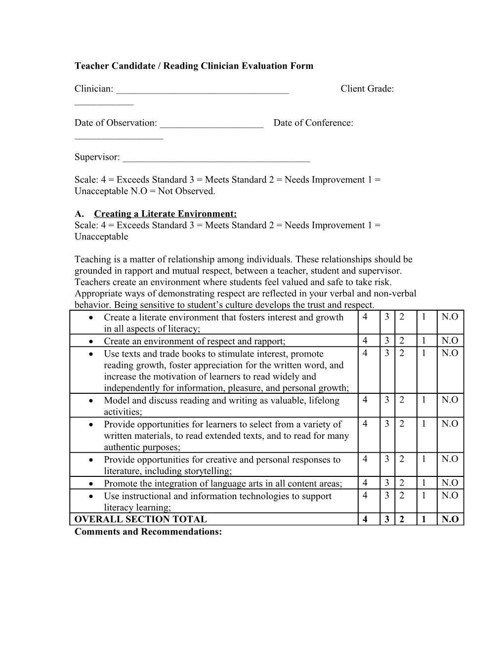 Teacher Candidate / Reading Clinician Evaluation Form