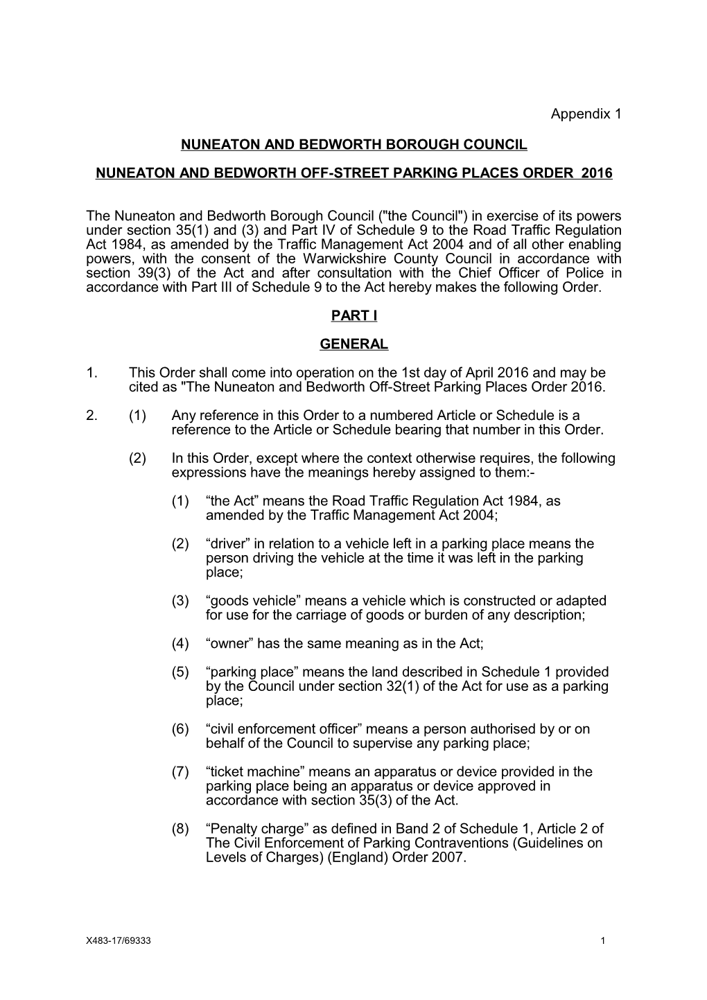 Nuneaton and Bedworth Offstreet Parking Places Order 2016