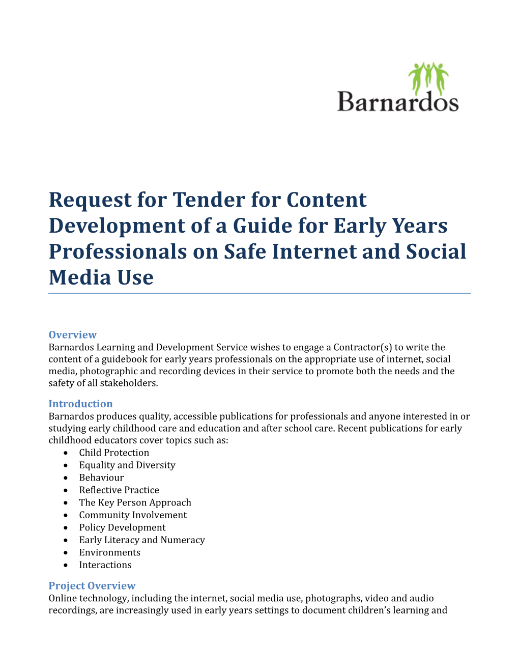 Request for Tender for Content Development Ofa Guide for Early Years Professionals on Safe