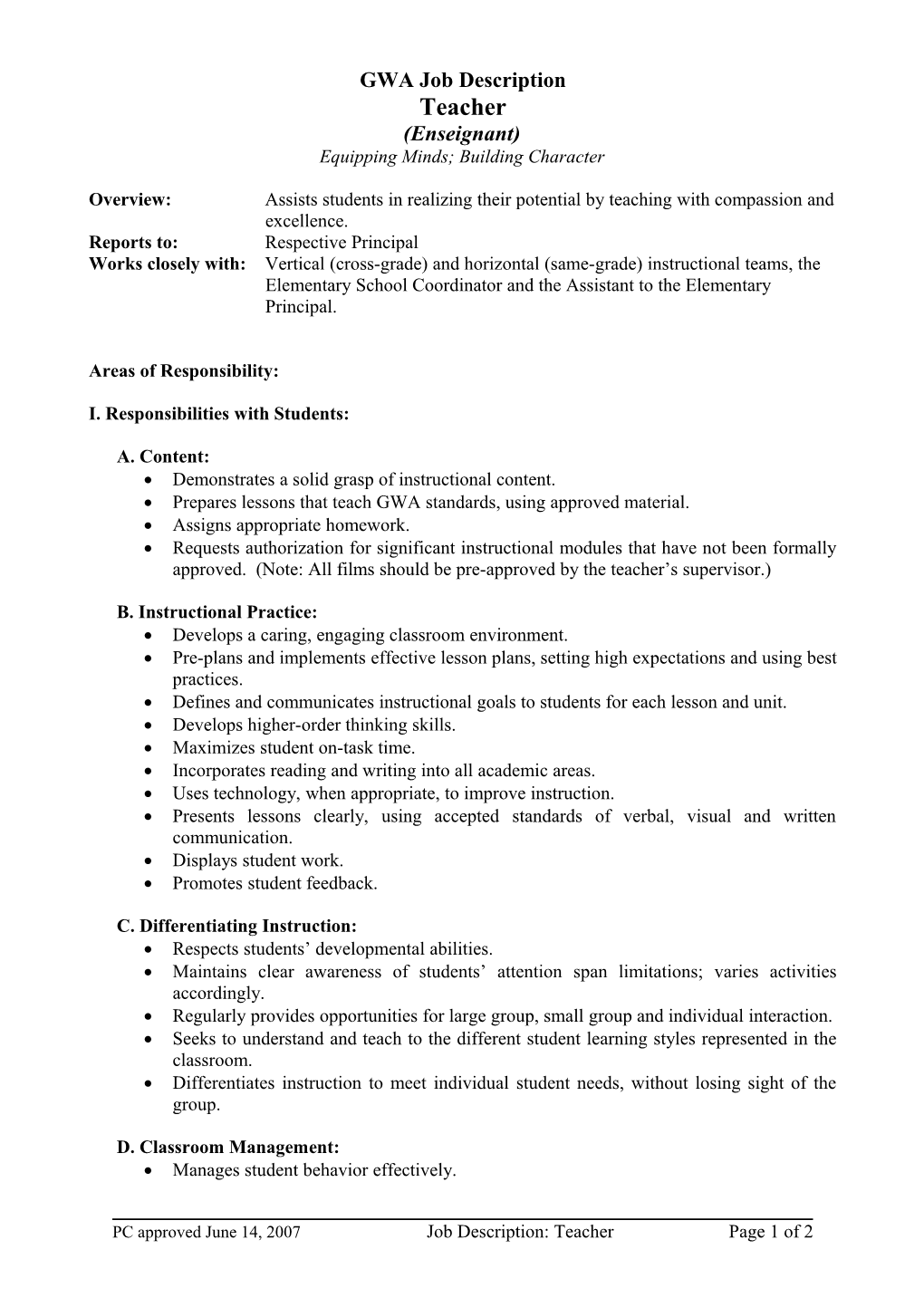 GWA Job Description: Director of Operations (Directeur Administratif)