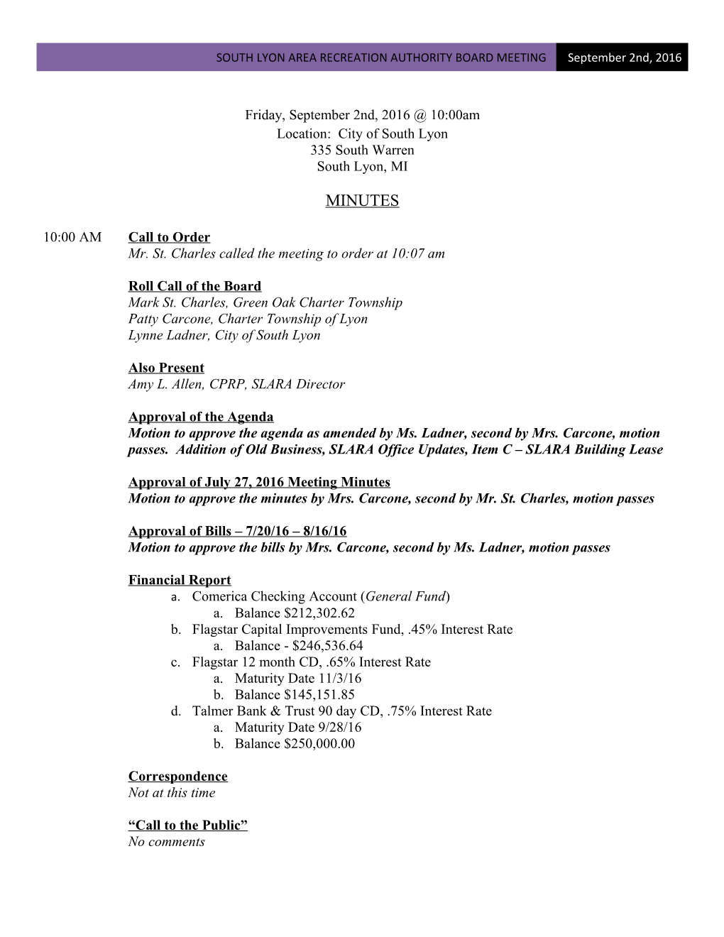 South Lyon Area Recreation Authority Board Meeting