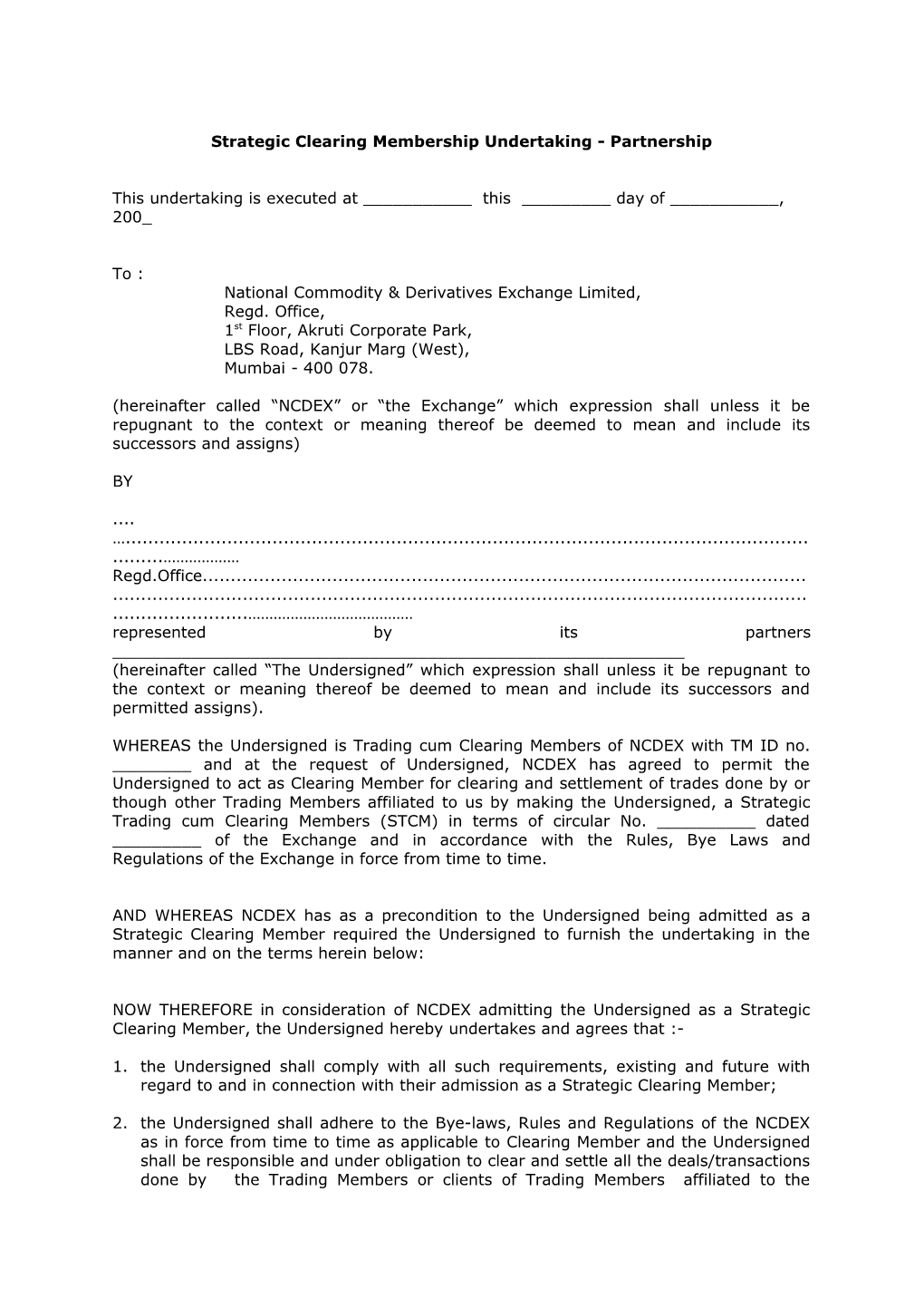 Strategic Clearing Membership Undertaking - Partnership