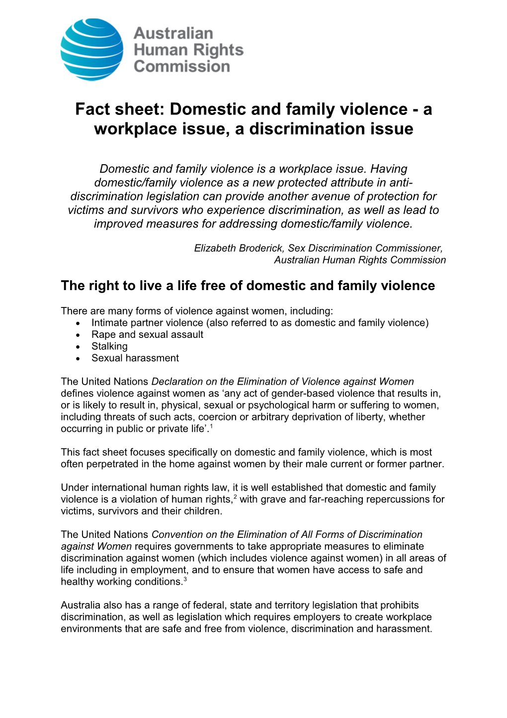 Fact Sheet: Domestic and Family Violence - Aworkplace Issue, Adiscrimination Issue