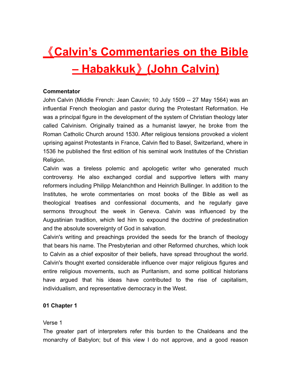 Calvin S Commentarieson the Bible Habakkuk (John Calvin)