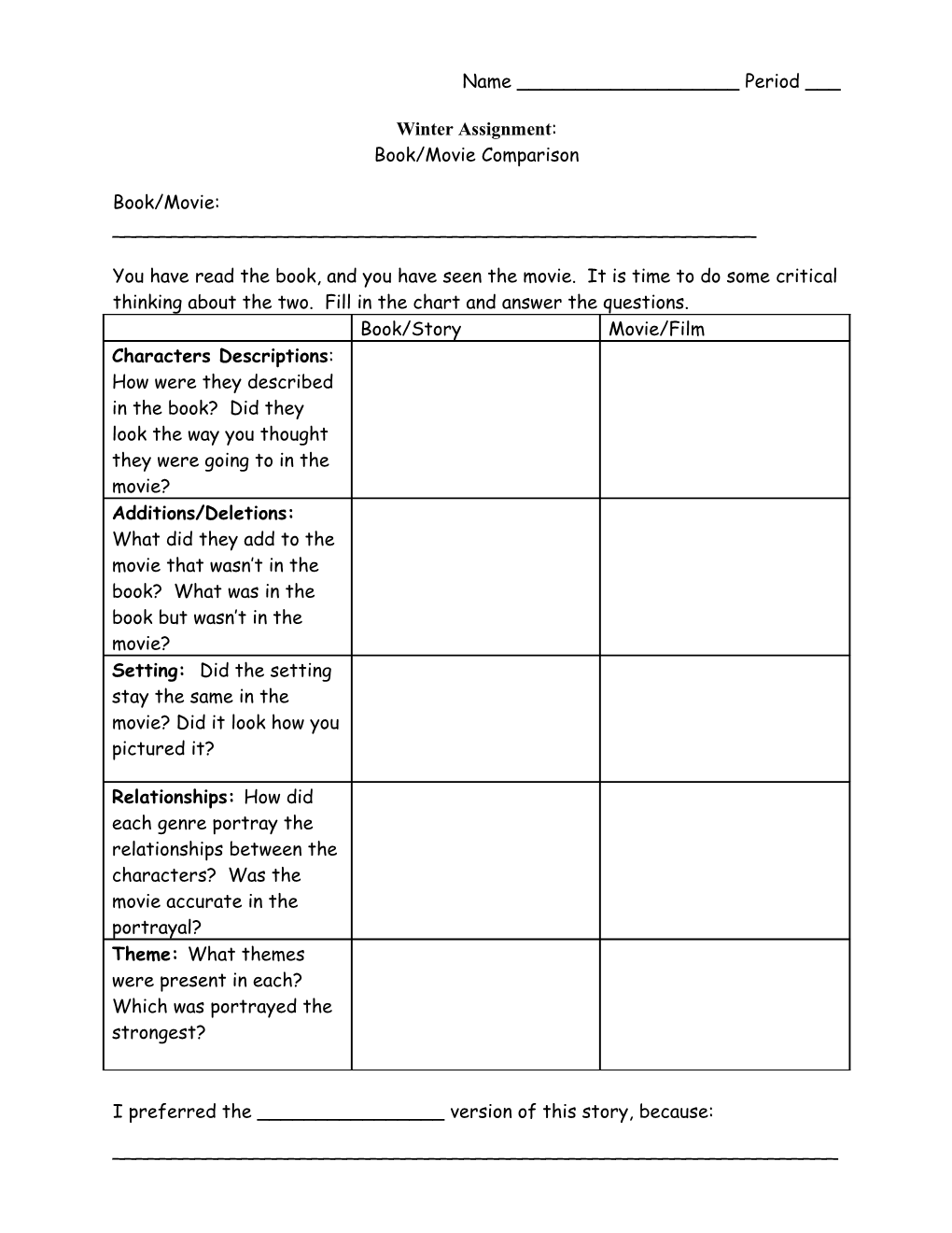 Movie Comparison Worksheet