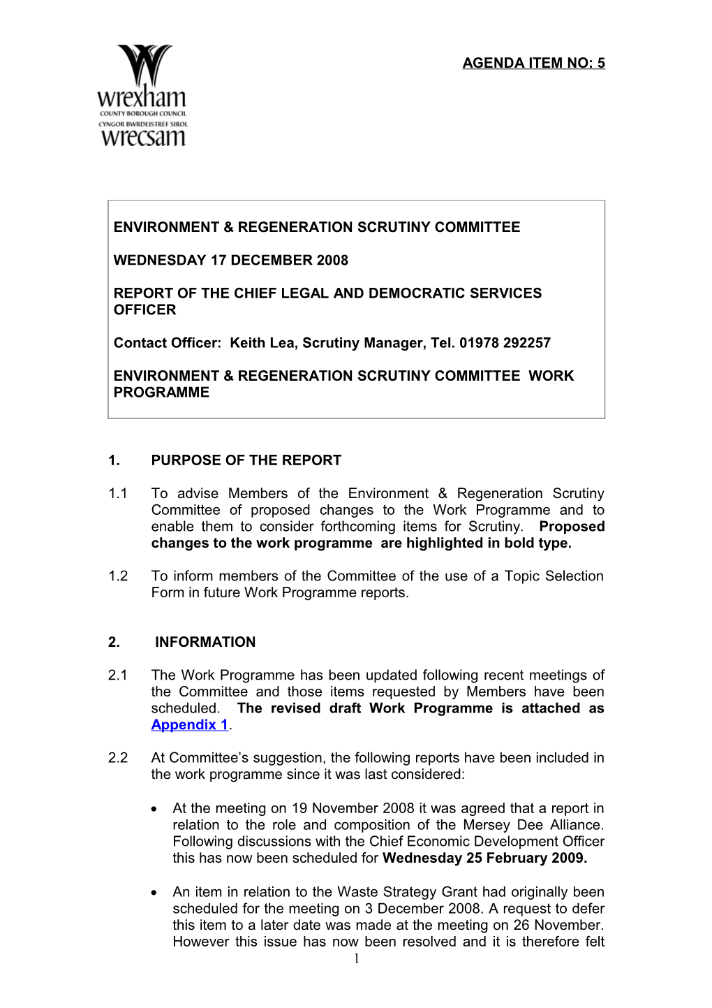 17/12/2008 Report : Environment and Regeneration Scrutiny Committee