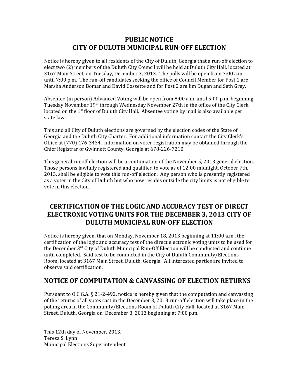 Notice of City of Duluth Municipal Run-Off Election
