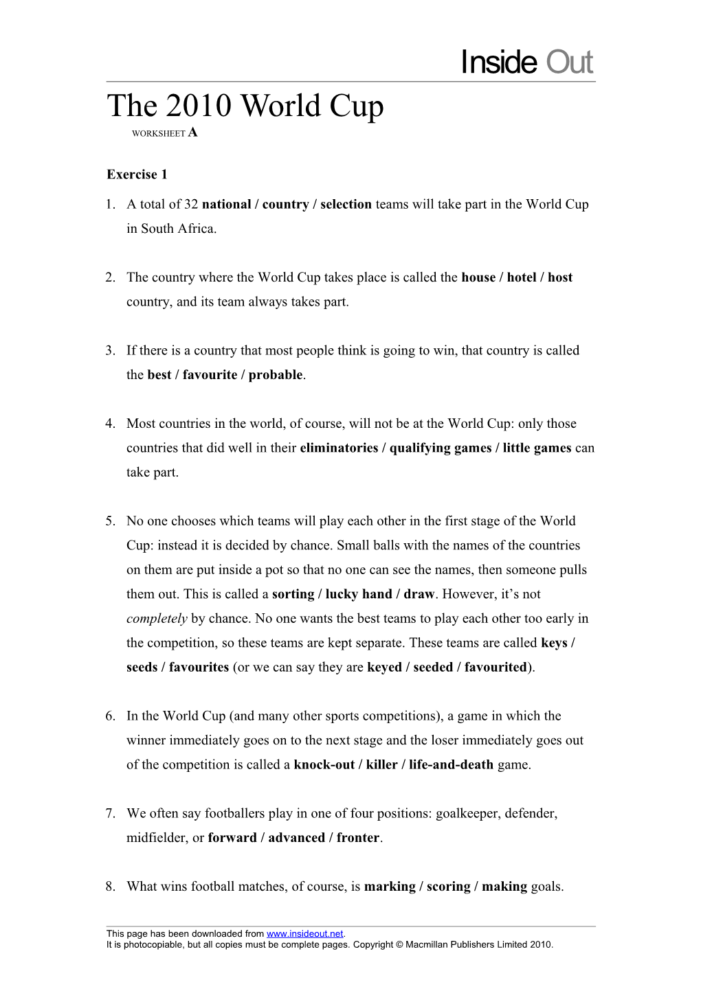 The 2010 World Cup WORKSHEET A