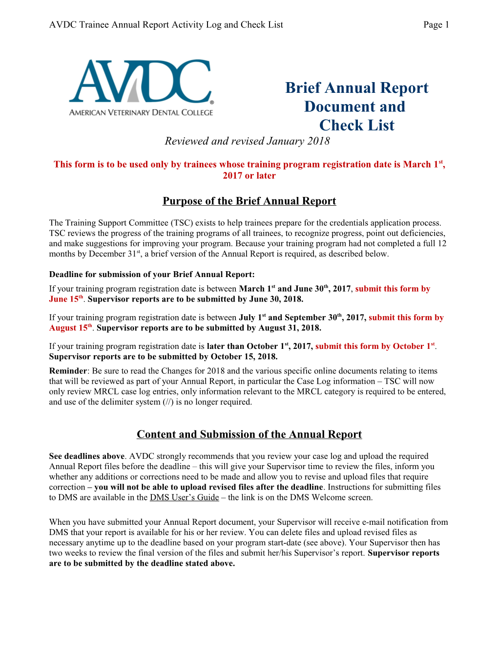 AVDC Trainee Annual Report Activity Log and Check List