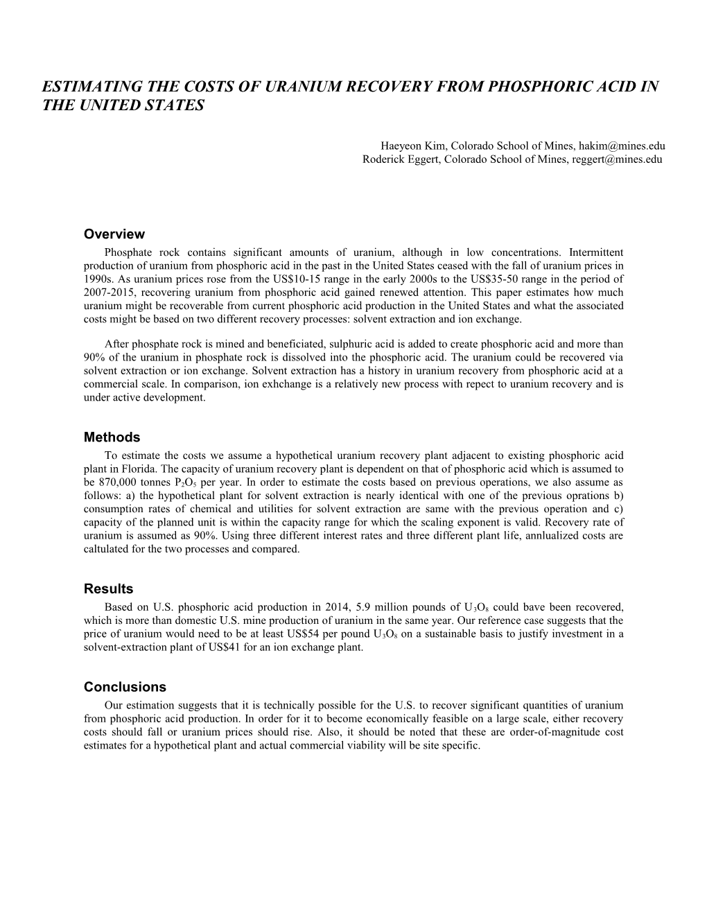 Estimating the Costs of Uranium Recovery from Phosphoric Acid in the United States