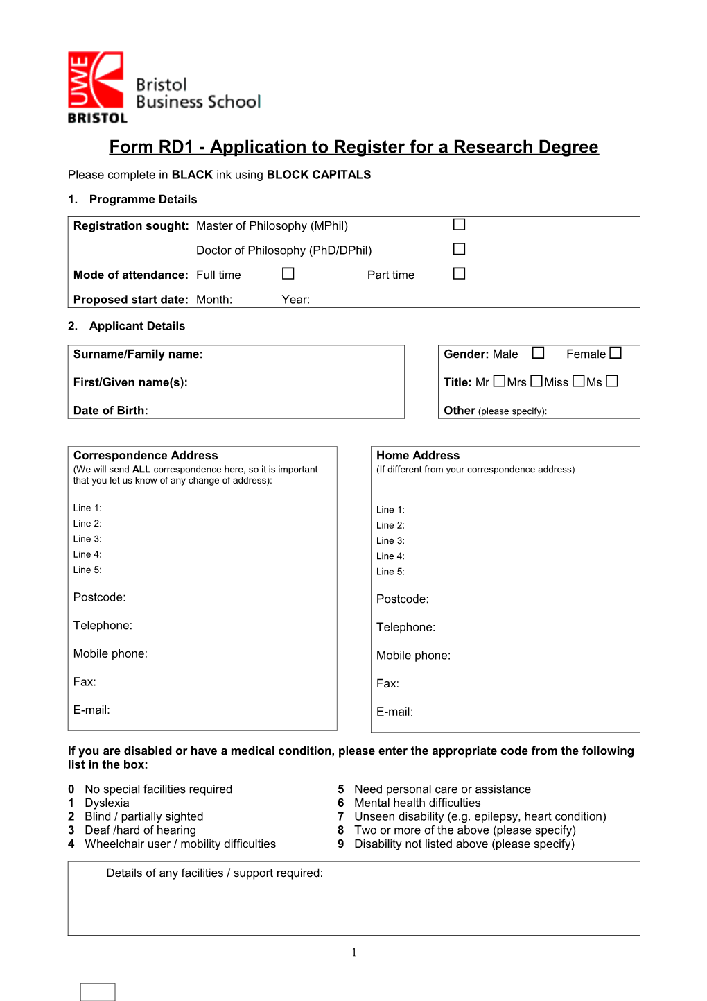 Form RD1 - Application to Register for a Research Degree