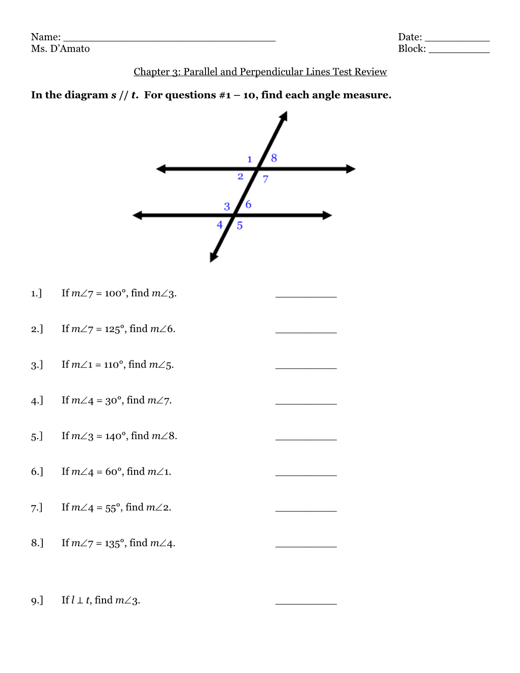 Chapter 3: Parallel and Perpendicular Lines Test Review