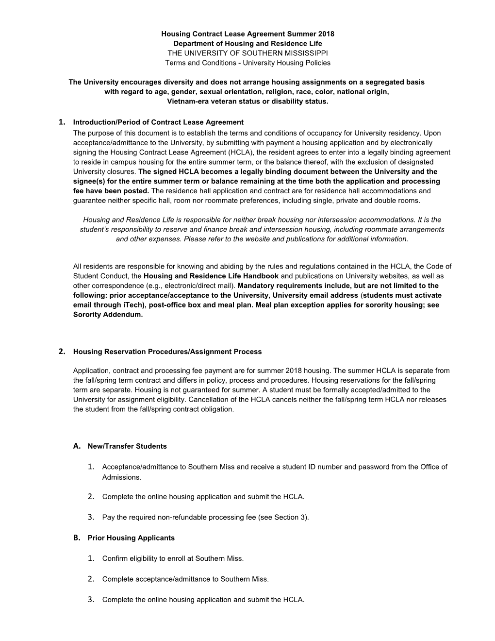 Housing Contractlease Agreement Summer 2018 Department of Housing and Residence Life