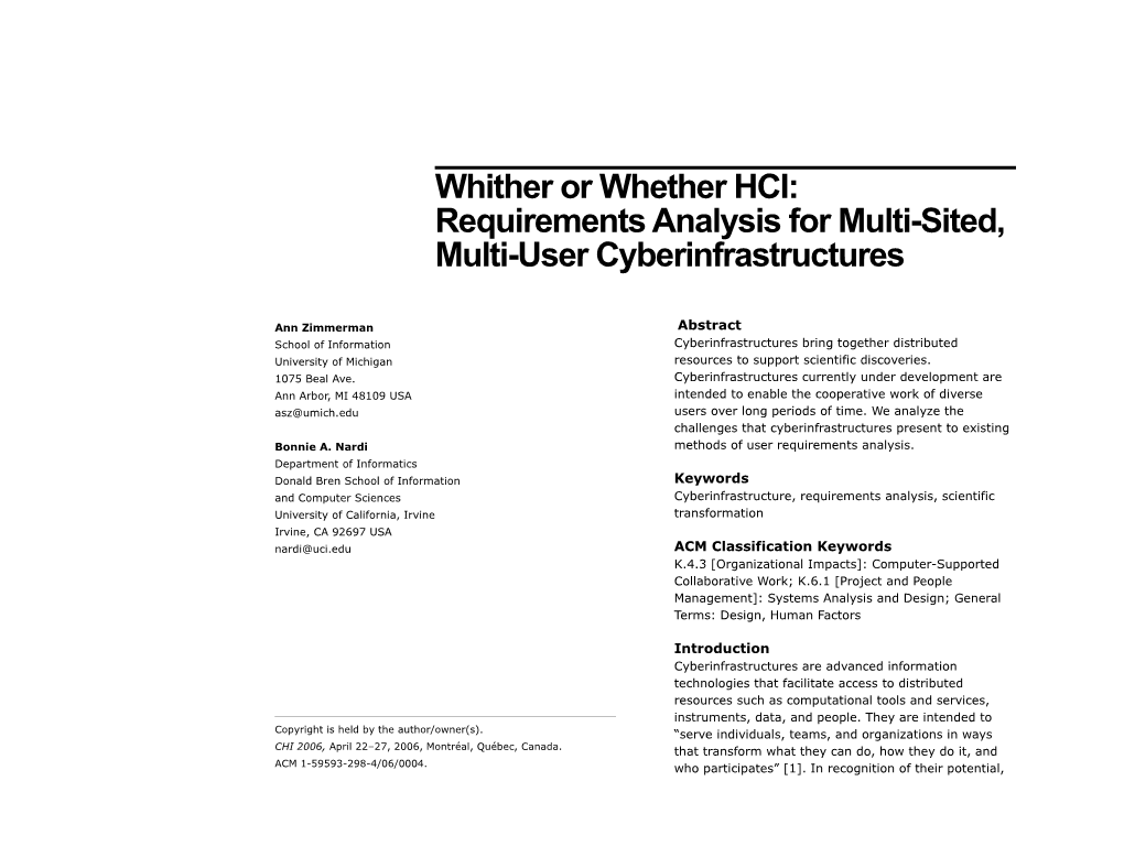 Whither Or Whether HCI: Requirements Analysis for Multi-Sited, Multi-User Cyberinfrastructures