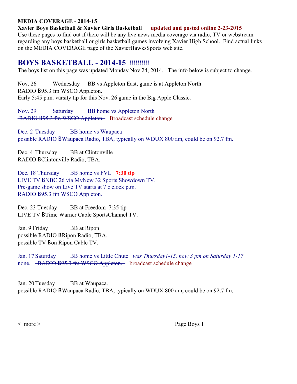 Xavier Boys Basketball & Xavier Girls Basketball Updated and Posted Online 2-23-2015