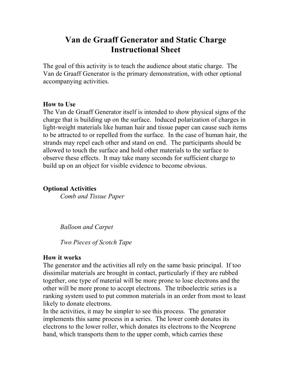 Van De Graaff Generator and Static Charge Instructional Sheet