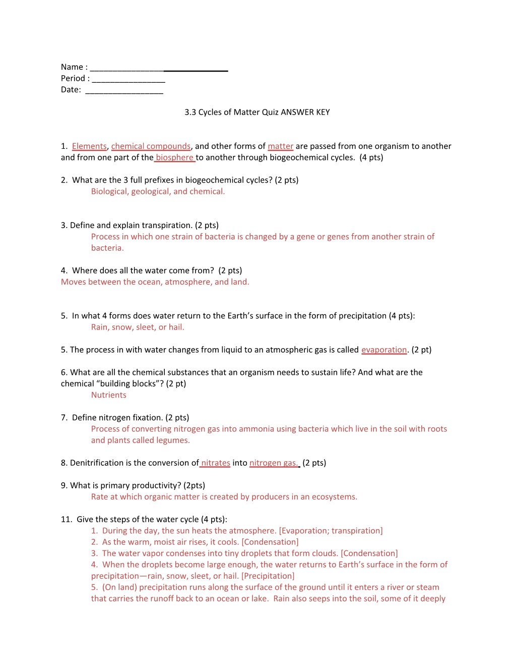 3.3 Cycles of Matter Quiz ANSWER KEY