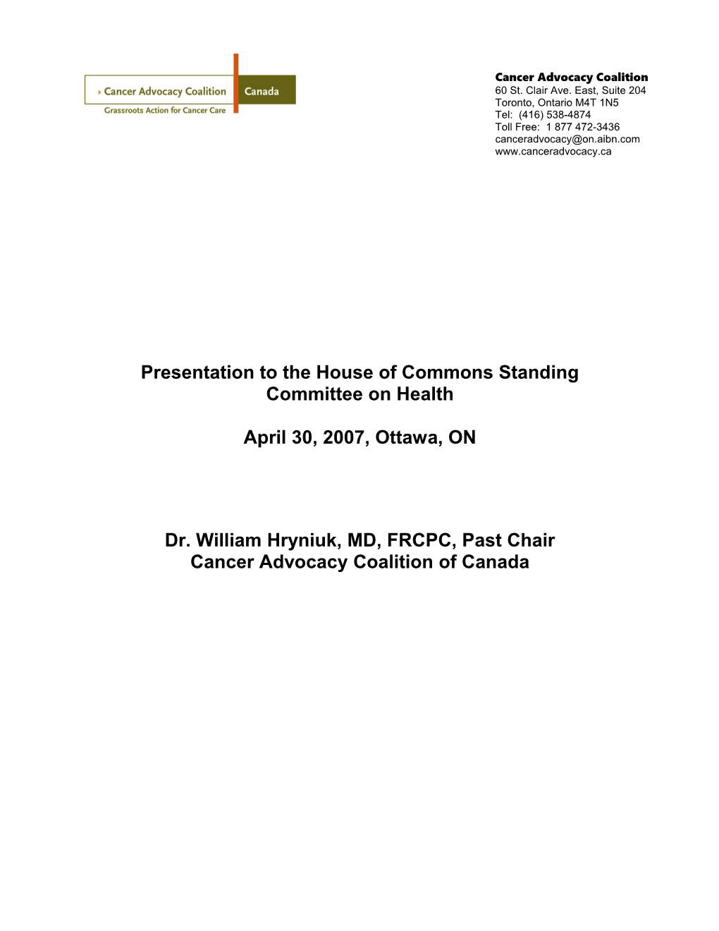 Presentation to the House of Commons Standing Committee on Health