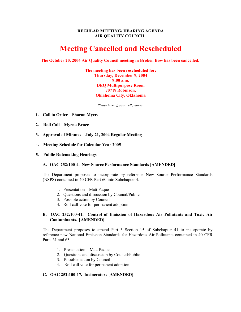 Regular Meeting/ Hearing Agenda