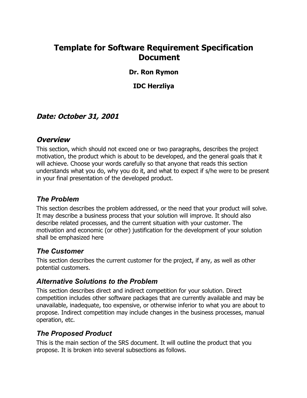 Template for Software Requirement Specification Document