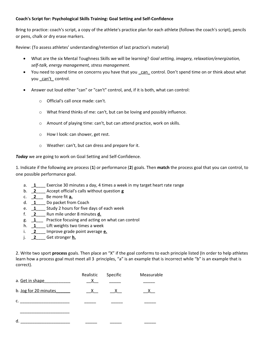 Coach's Script For: Psychological Skills Training: Goal Setting and Self-Confidence