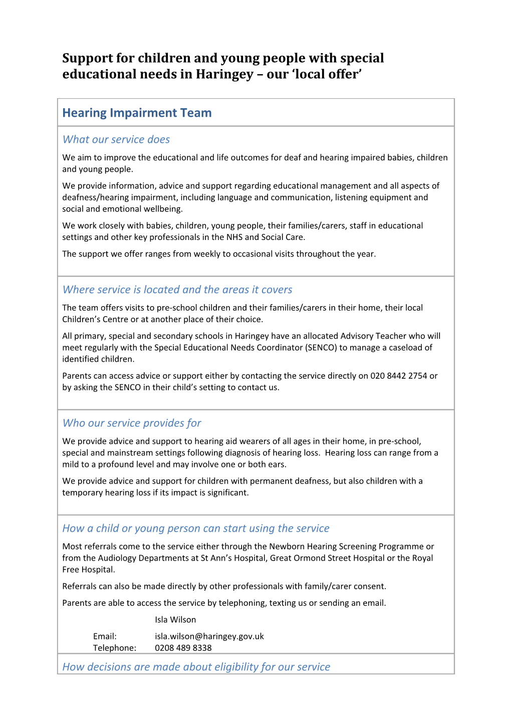 HARINGEY LOCAL OFFER: Contribution from a Local Service