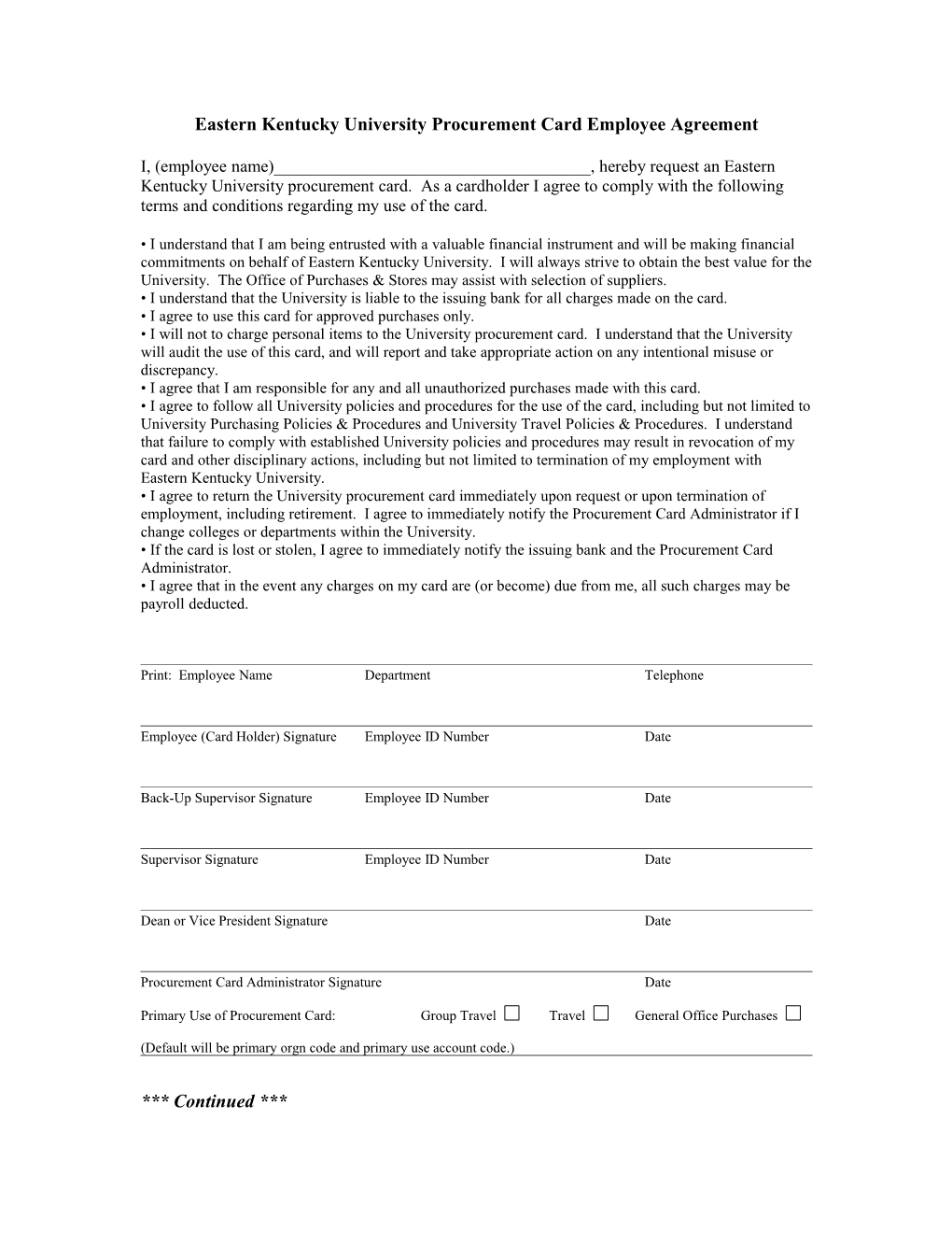 Eastern Kentuckyuniversityprocurement Card Employee Agreement