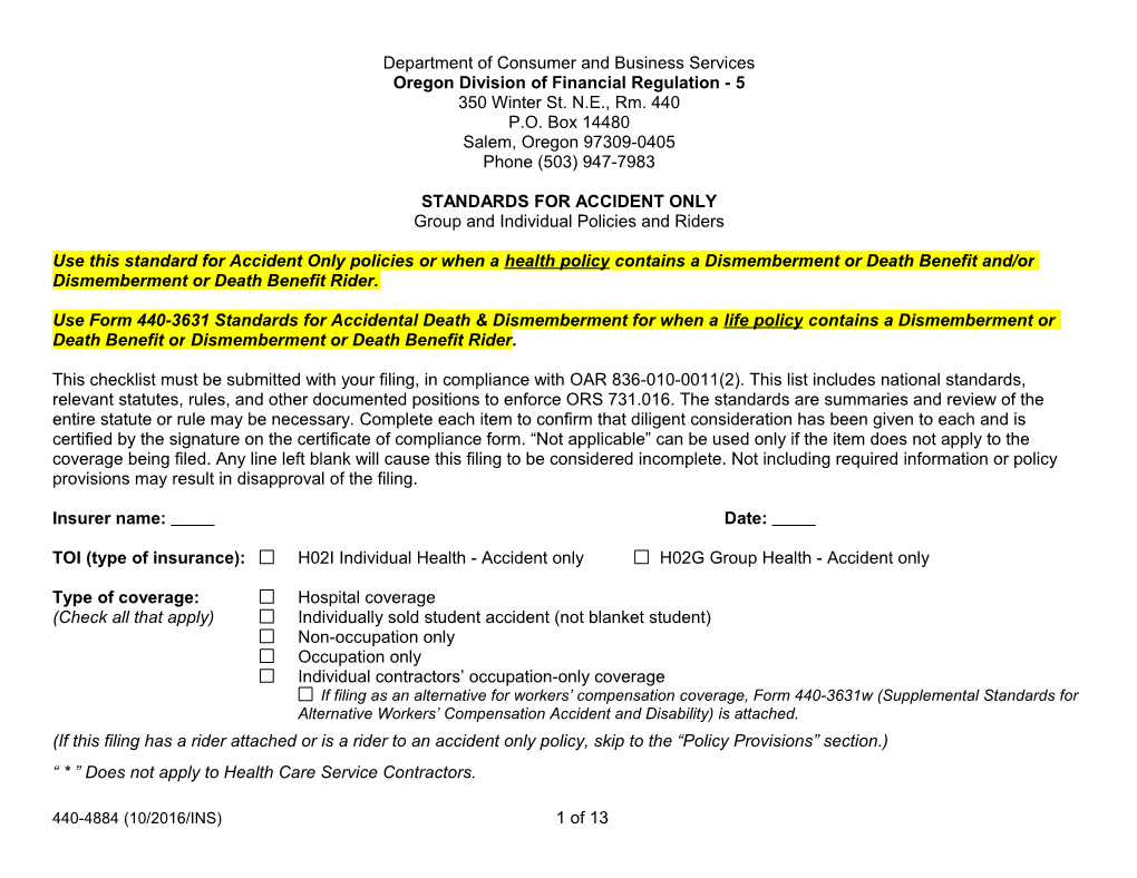 Form 3631, Standards for Accident and Accidental Death and Dismemberment Group and Individual