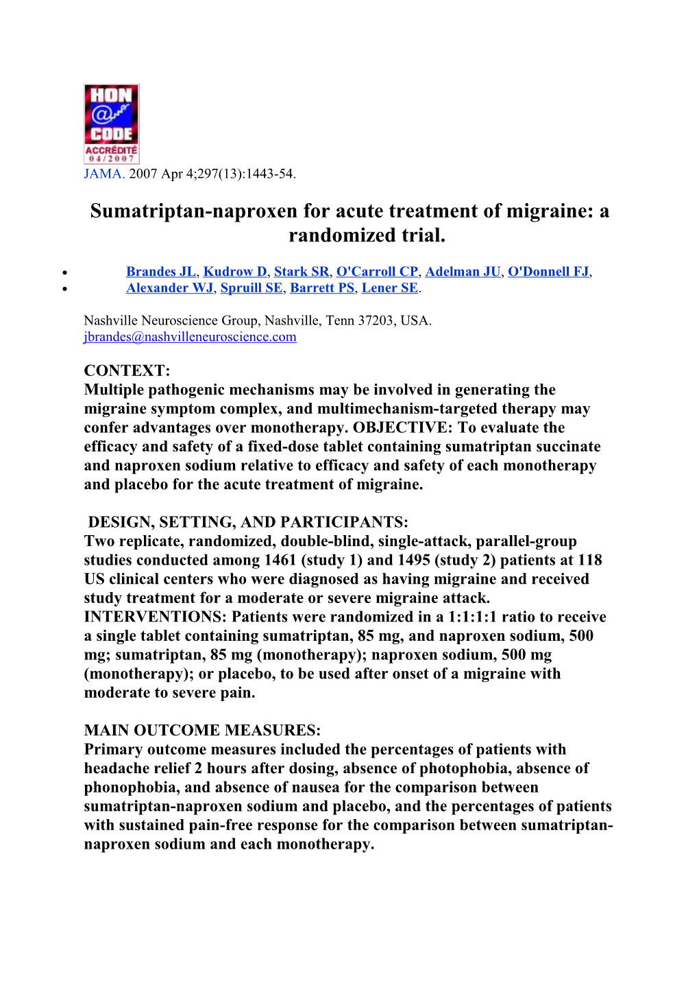 Sumatriptan-Naproxen for Acute Treatment of Migraine: a Randomized Trial