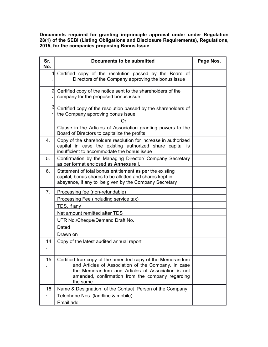 Documents Required for Granting In-Principle Approval Under Under Regulation 28(1) Of