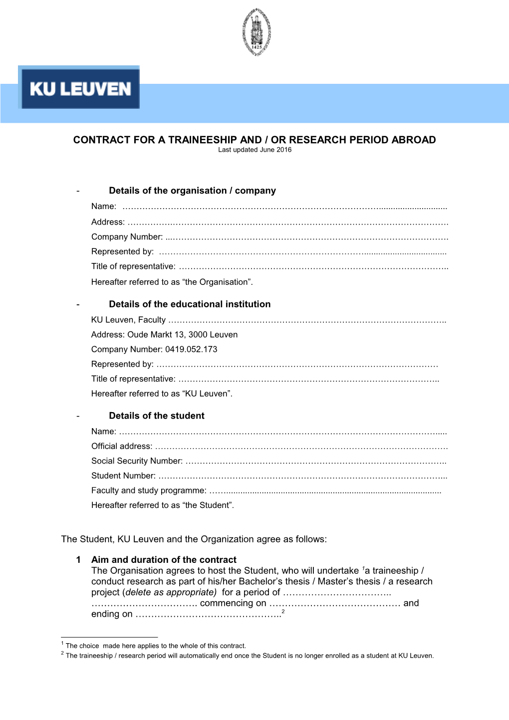 Contract for a Traineeship And/Or Research Periodabroad