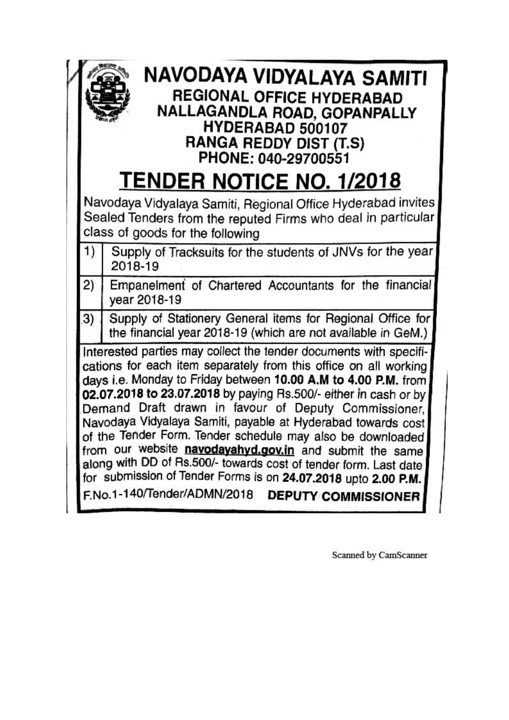 Tender Formfor Supply of Stationery/General Items