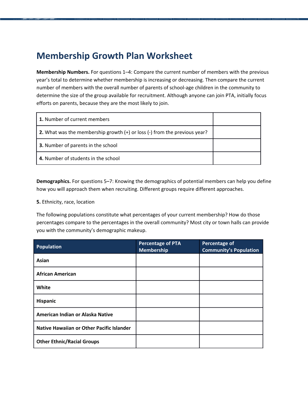 Membership Growth Plan Worksheet