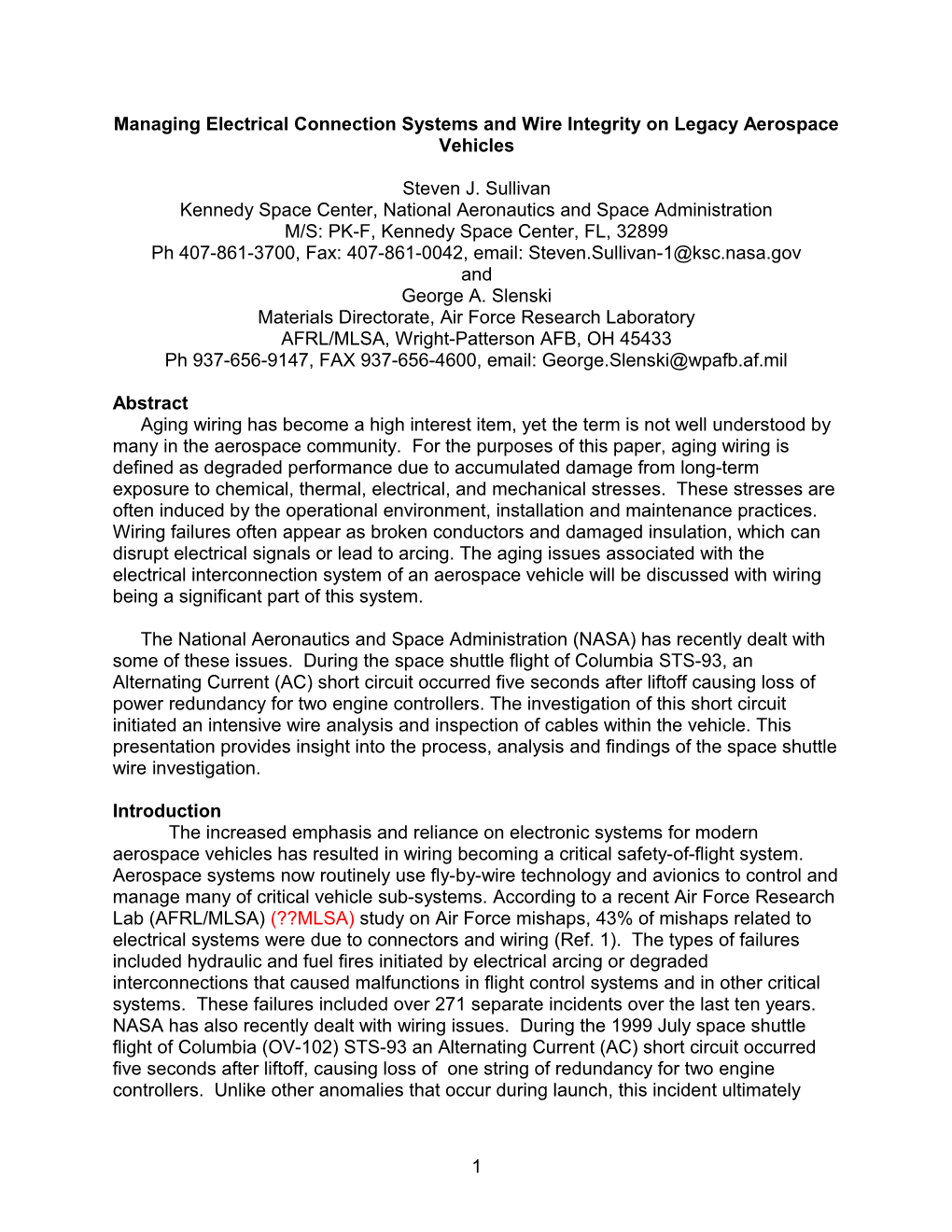 Managing Electrical Connection Systems and Wire Integrity on Legacy Aerospace Vehicles