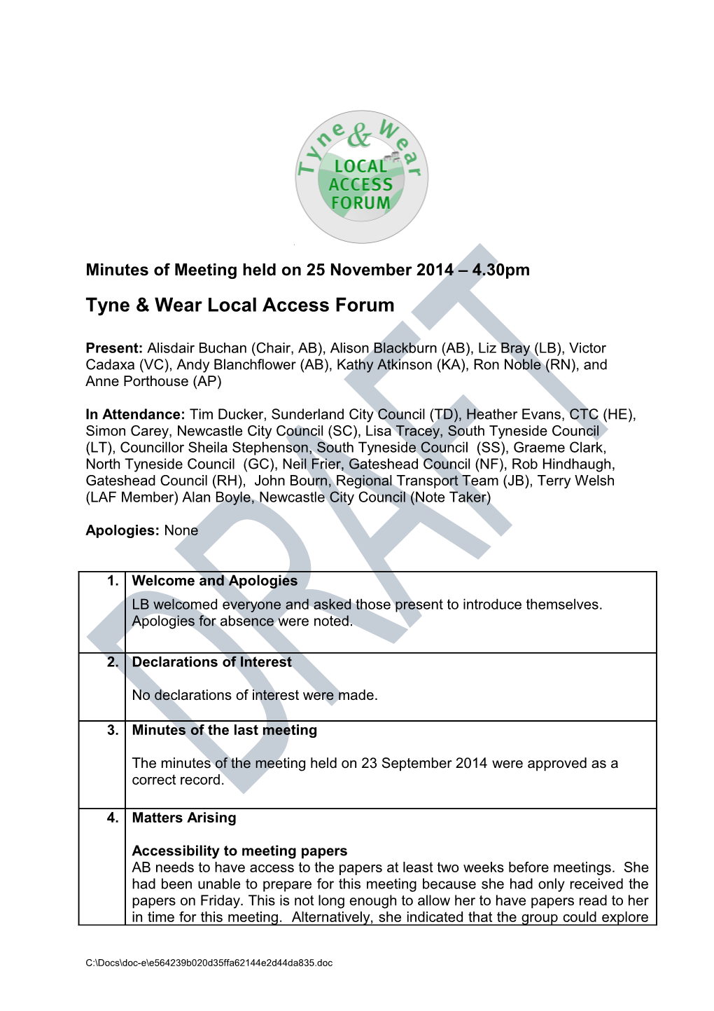 Minutes of Meeting Held on 25 November 2014 4.30Pm