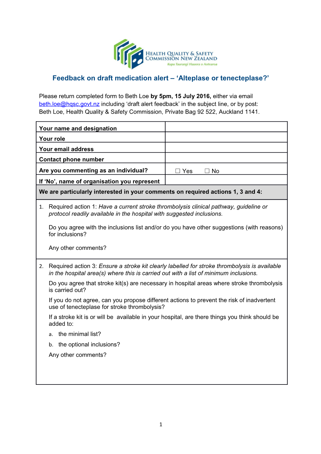 Feedback on Draft Medication Alert Alteplaseor Tenecteplase?