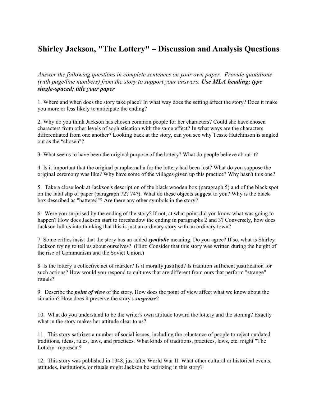 Shirley Jackson, the Lottery Discussion and Analysis Questions