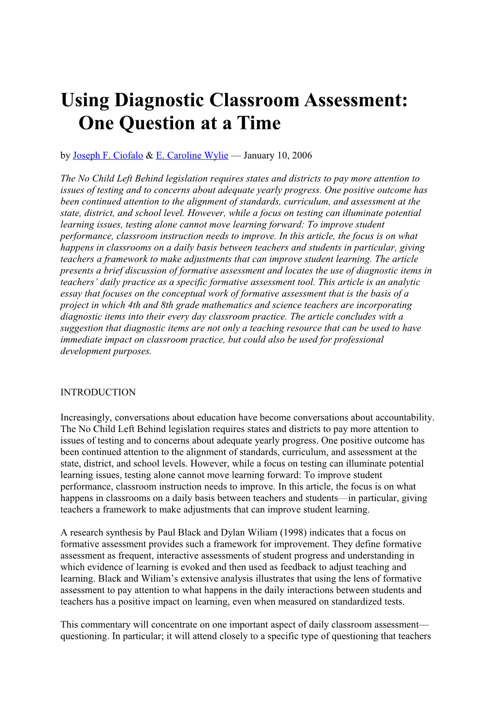 Using Diagnostic Classroom Assessment: One Question at a Time
