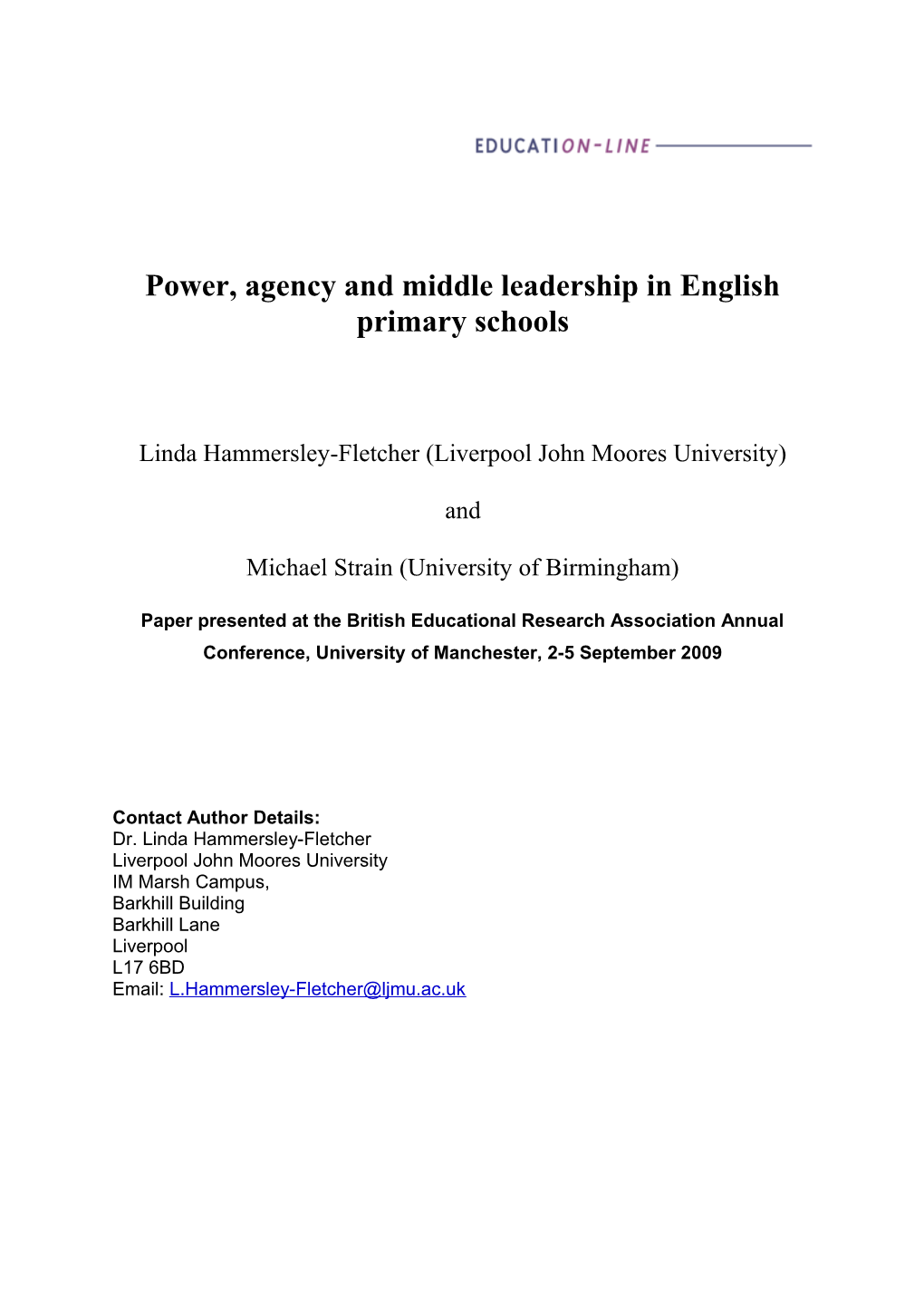 Power, Agency and Middle Leadership in English Primary Schools