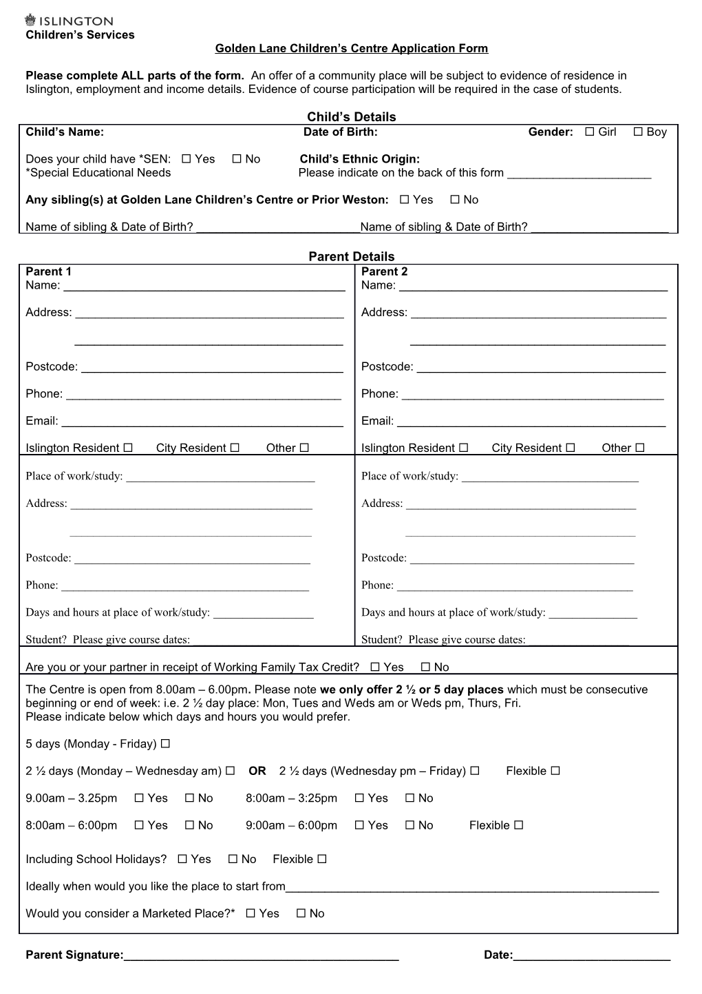 Golden Lane Children S Centre Application Form