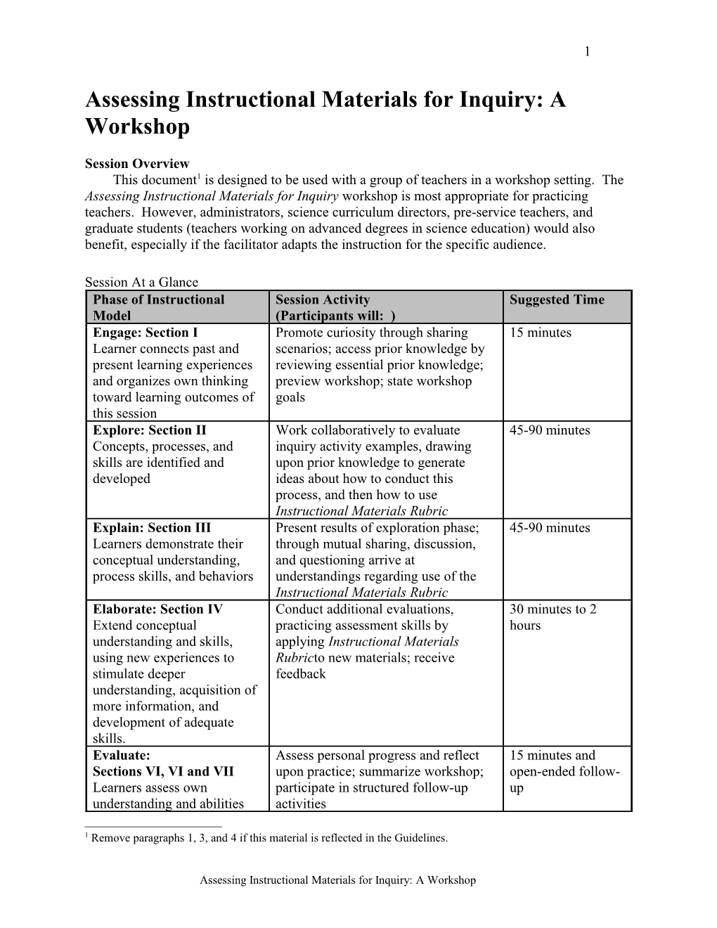 Assessing Instructional Materials for Inquiry: a Workshop