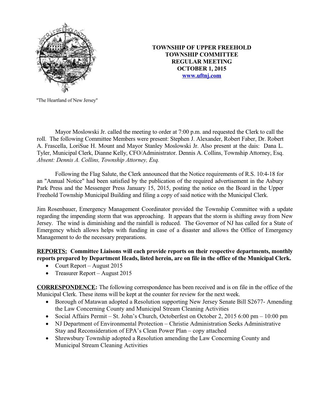 Upper Freehold Township Committee Regular Meeting October 1, 2015