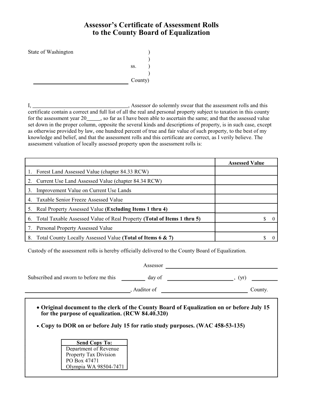 Assessor's Certificate of Assessment Rolls to the County Board of Equalization REV 64 0051E