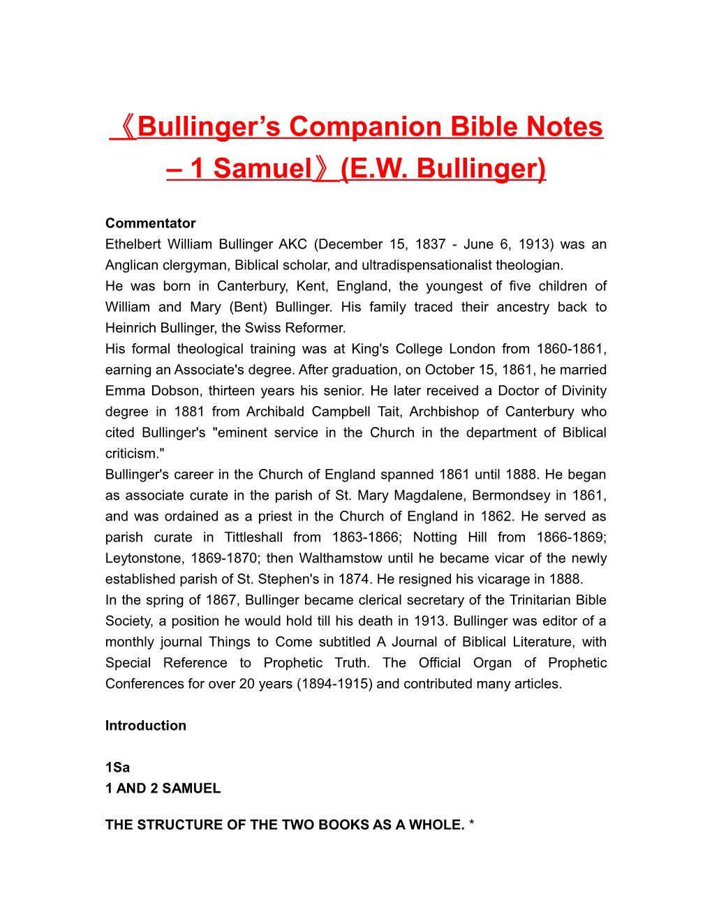 Bullinger S Companion Bible Notes 1 Samuel (E.W. Bullinger)