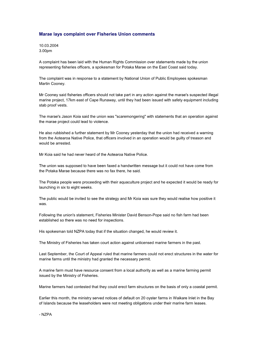 Marae Lays Complaint Over Fisheries Union Comments 10.03.2004 3.00Pm