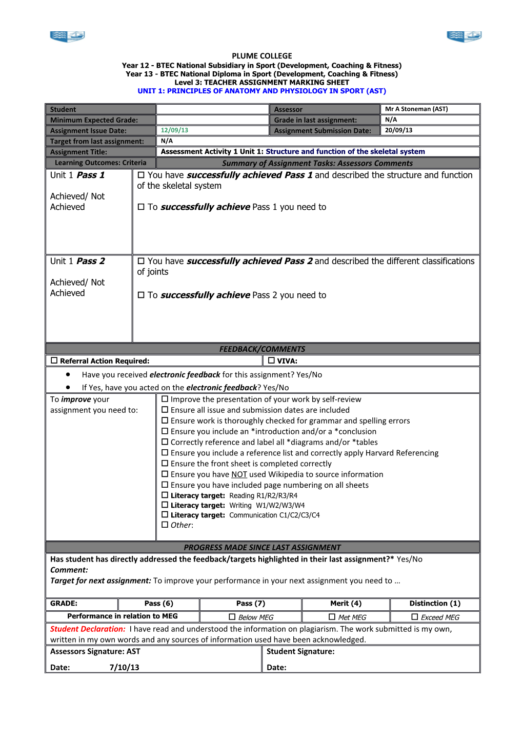 Year 12 - BTEC National Subsidiary in Sport (Development, Coaching & Fitness)